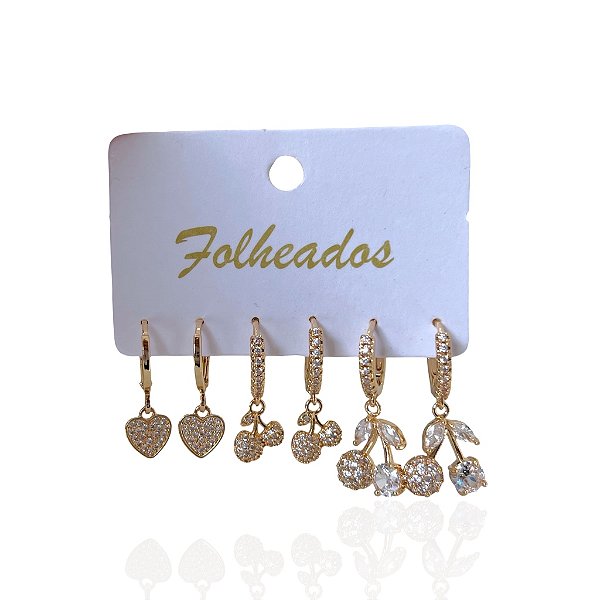 Trio Brincos Folheado Ouro 18k e Prata 925 Argolas Coração cereja Cravejado