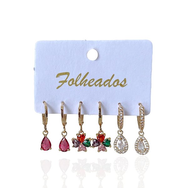 Trio Brincos Folheado Ouro 18k e Prata 925 Argolas Gotas Trevo Cravejado