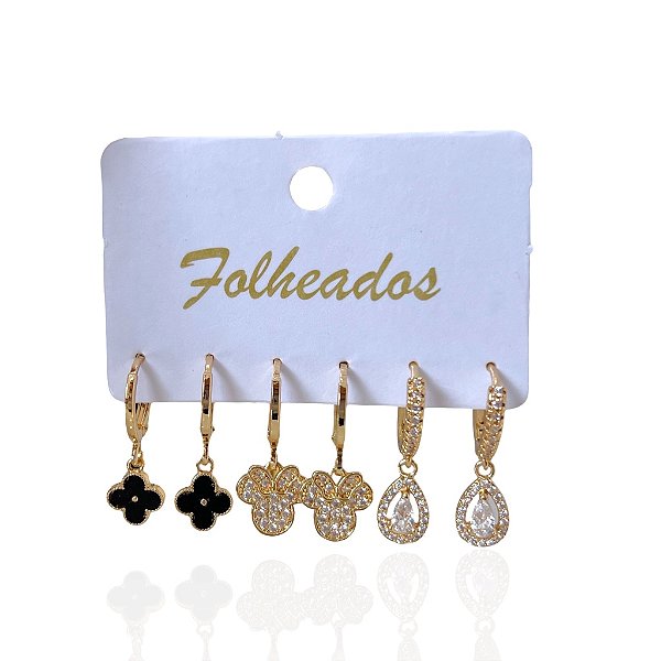 Trio Brincos Folheado Ouro 18k e Prata 925 Argolas Trevo Minnie Gota Cravejado
