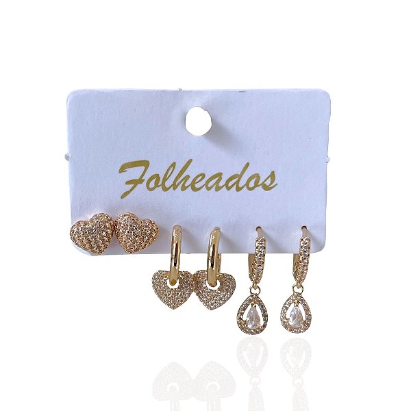 Trio Brincos Folheado Ouro 18k e Prata 925 Argolas Coração Gota Cravejado