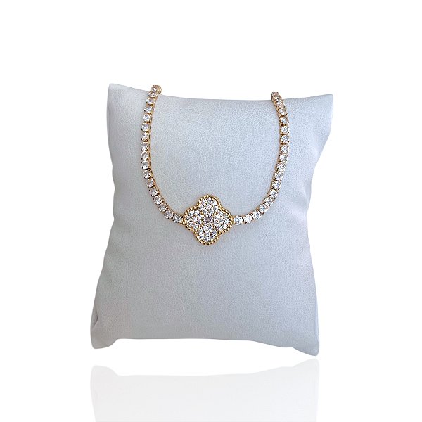 Pulseira Folheada Ouro 18k e Prata 925 Riviera Trevo Cravejada Trava