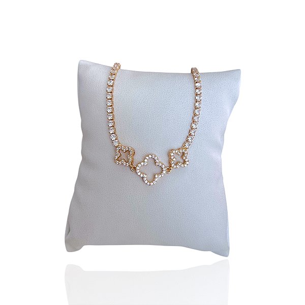 Pulseira Folheada Ouro 18k e Prata 925 Riviera Trevo Vazado Cravejado Trava