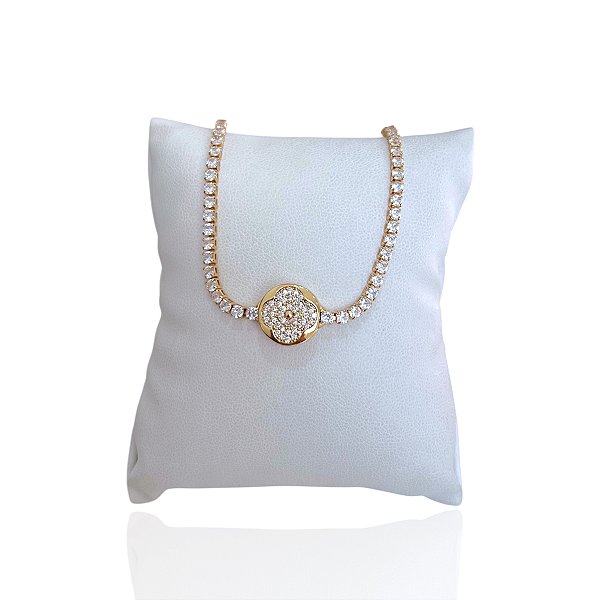 Pulseira Folheada Ouro 18k e Prata 925 Riviera Trevo Redondo Cravejado Trava