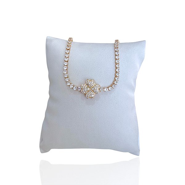 Pulseira Folheada Ouro 18k e Prata 925 Riviera Trevo Cravejado Trava