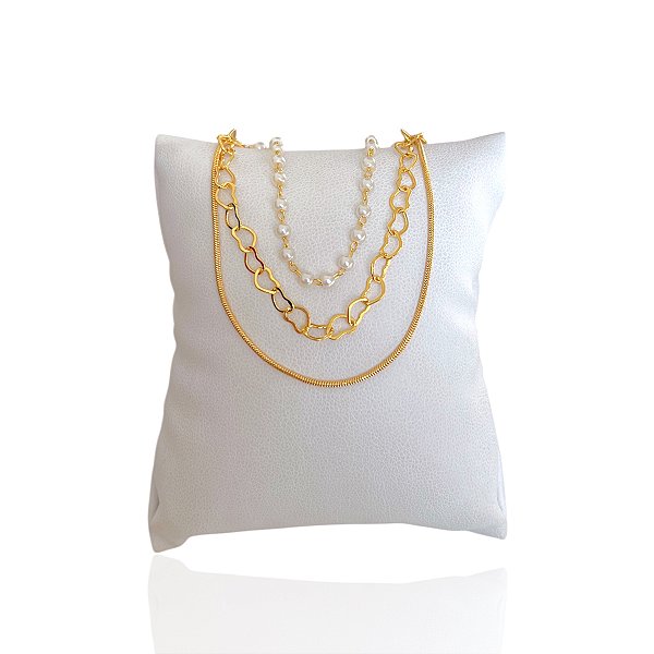 Pulseira Folheada Ouro 18k Tripla Laminada Elos Corações Pérolas