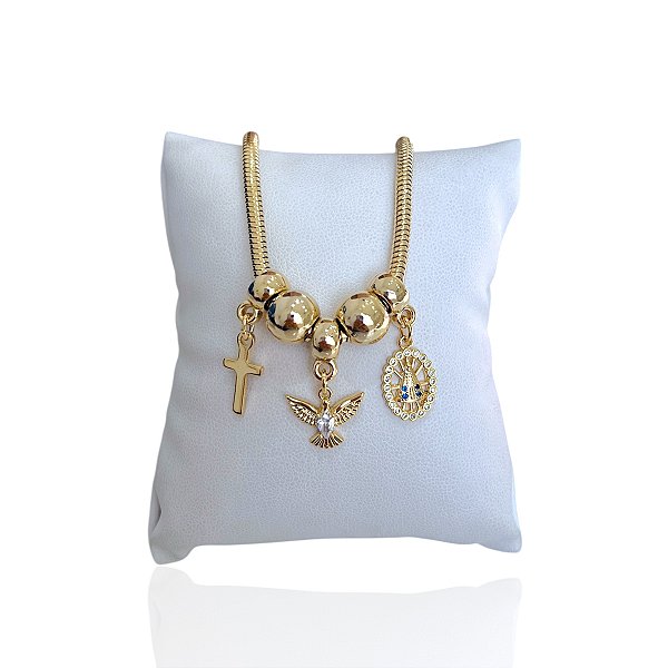 Pulseira Folheada Ouro 18k e Prata 925 Malha Espírito Santo Nossa Senhora Cruz