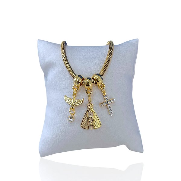 Pulseira Folheada Ouro 18k e Prata 925 Malha Espírito Santo Nossa Senhora Cruz Cravejada