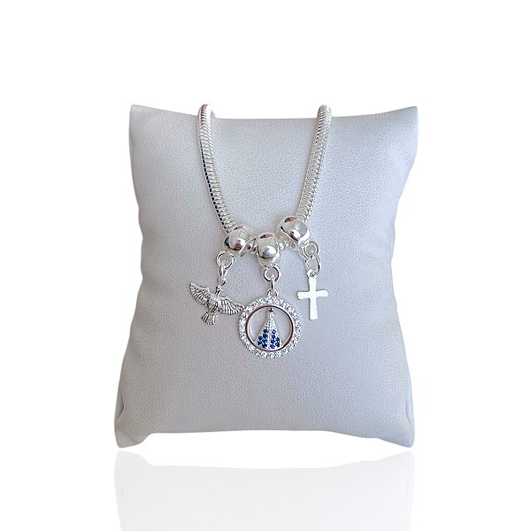 Pulseira Folheada Prata 925 Malha Espírito Santo Nossa Senhora Cruz
