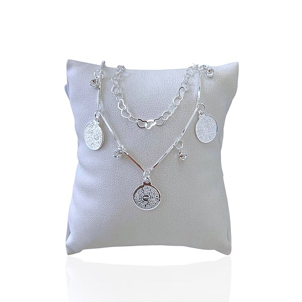 Pulseira Folheada Prata 925 Dupla Elos Corações Pai Nosso Ponto de Luz