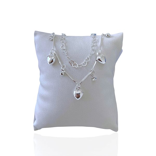 Pulseira Folheada Prata 925 Dupla Elos Corações Ponto de Luz