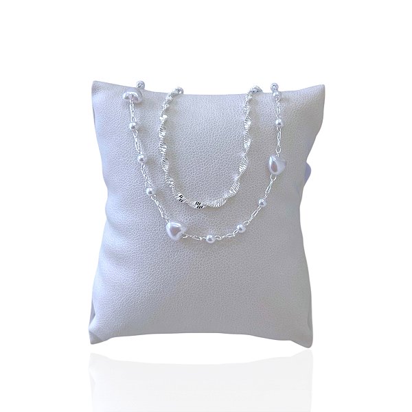 Pulseira Folheada Prata 925 Dupla Torcida Corações Pérolas