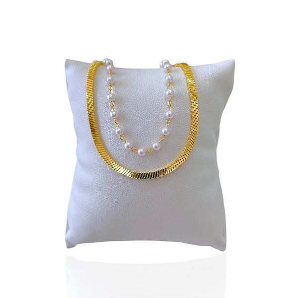 Pulseira Folheada Ouro 18k Dupla Fita Laminada Bolinhas Pérolas