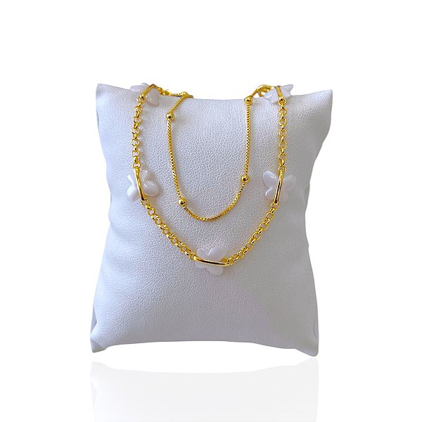 Pulseira Folheada Ouro 18k Dupla Bolinhas Borboletas Pérolas