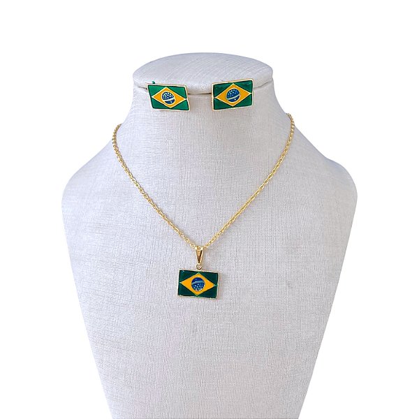 Conjunto Folheado Ouro 18k e Prata 925 Bandeira do Brasil