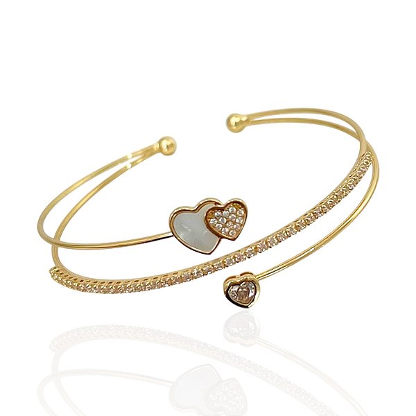 Bracelete Folheado Ouro 18k e Prata 925 Corações Cravejado