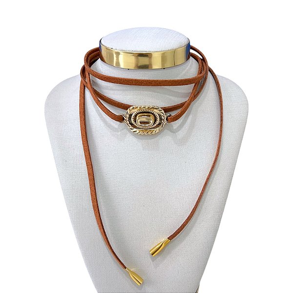 Choker Couro Bijuteria Dourado e Prata Country Chapéu