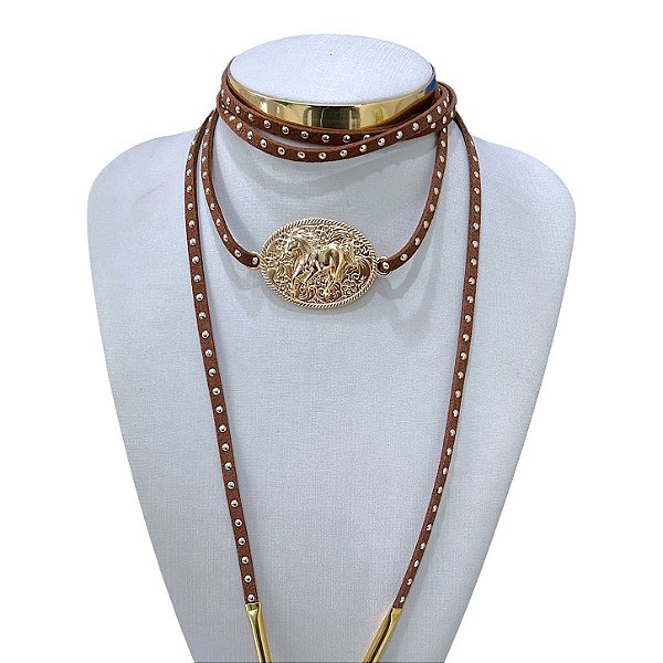Choker Couro Bijuteria Dourado e Prata Country Cavalo