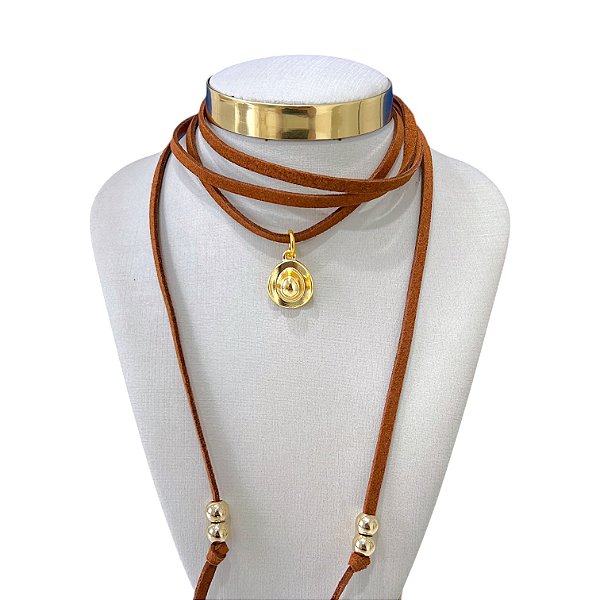 Choker Couro Bijuteria Dourado Country Chapéu