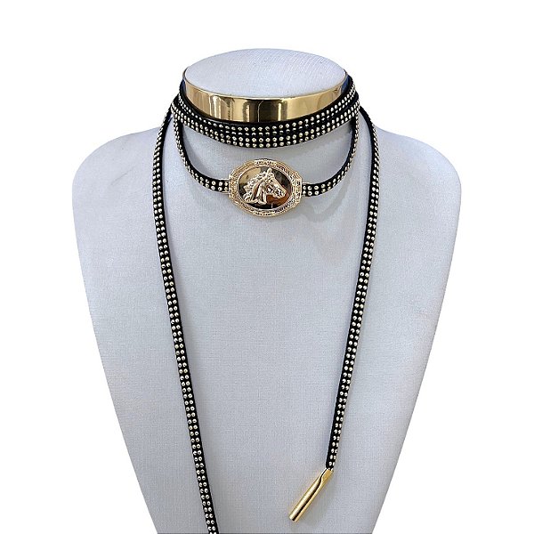 Choker Couro Bijuteria Dourado Country Cavalo
