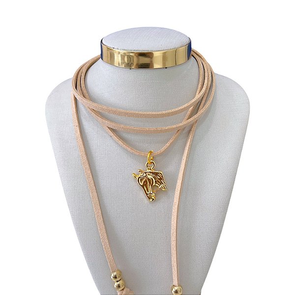 Choker Couro Bijuteria Dourado Country Cavalo