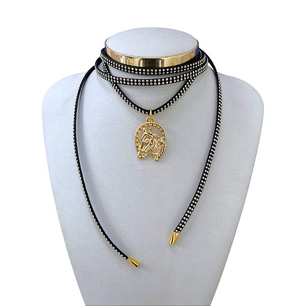 Choker Couro Bijuteria Dourado Country Cavalo