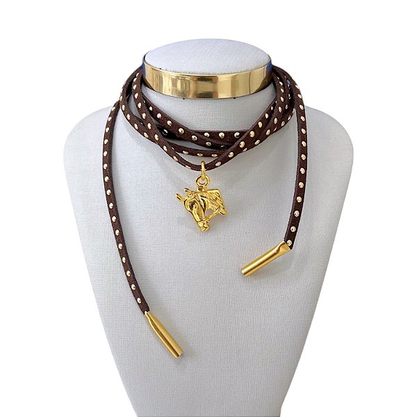 Choker Couro Bijuteria Dourado Country Cavalo