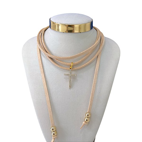 Choker Couro Bijuteria Dourado Cruz Strass