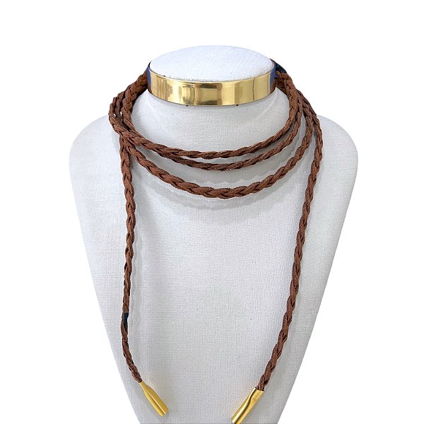 Choker Couro Trançado Bijuteria Dourado Country