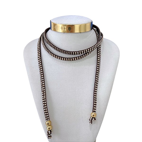 Choker Couro Trabalhado Bijuteria Dourado Country