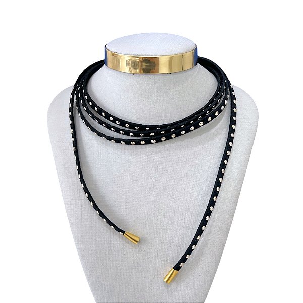 Choker Couro Trabalhado Bijuteria Dourado Country