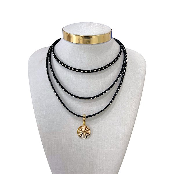 Choker Couro Tripla Bijuteria Dourado Pai Nosso