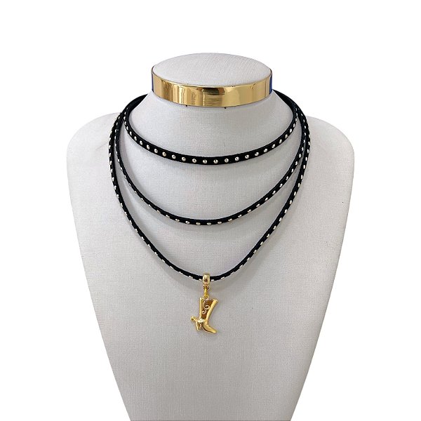 Choker Couro Tripla Bijuteria Dourado Country Bota