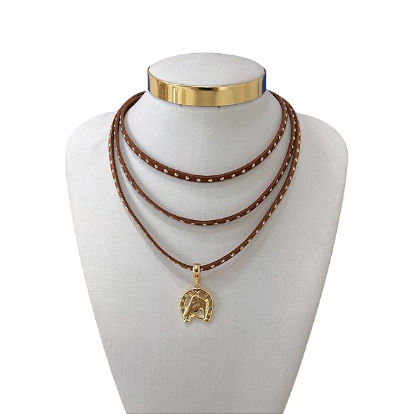 Choker Couro Tripla Bijuteria Dourado Country Ferradura Cavalo