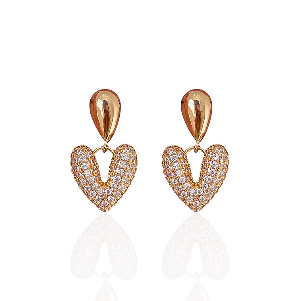 Brinco Folheado Ouro 18k e Prata 925 Coração Cravejado
