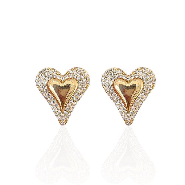 Brinco Folheado Ouro 18k e Prata 925 Coração Cravejado