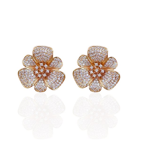 Brinco Folheado Ouro 18k e Prata 925 Flor Cravejada