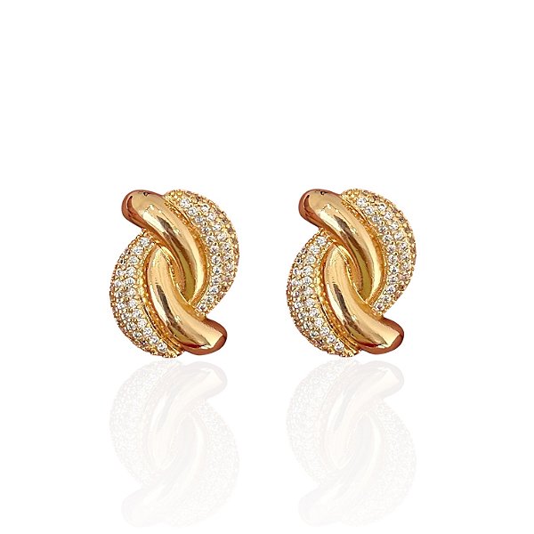 Brinco Folheado Ouro 18k e Prata 925 Elo Torcido Cravejado