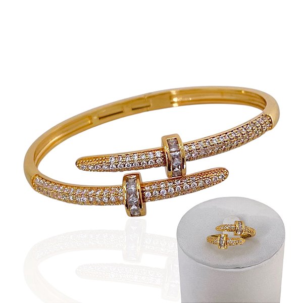 Conjunto Anel e Bracelete Folheado Ouro 18k e Prata 925 Inspired Prego Cravejado