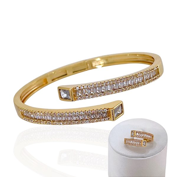 Conjunto Anel e Bracelete Folheado Ouro 18k e Prata 925 Quadrado Navetes Cravejado