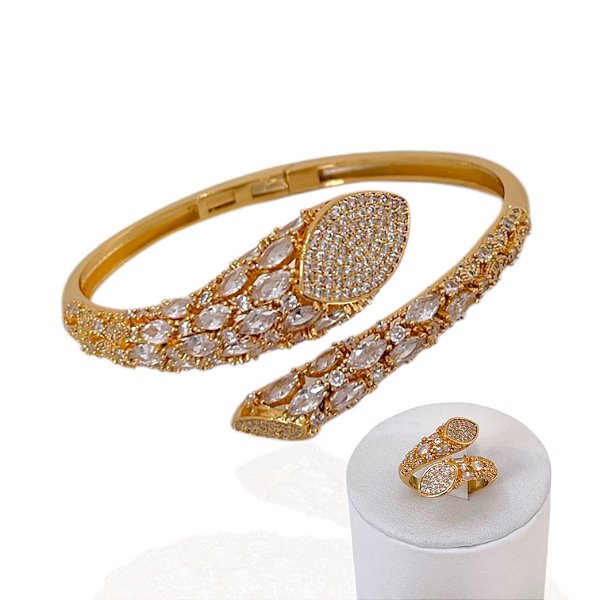 Conjunto Anel e Bracelete Folheado Ouro 18k e Prata 925 Gotas Navetes Cravejado