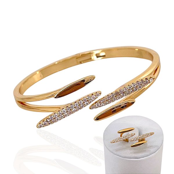Conjunto Anel e Bracelete Folheado Ouro 18k e Prata 925 Palitos Cravejado