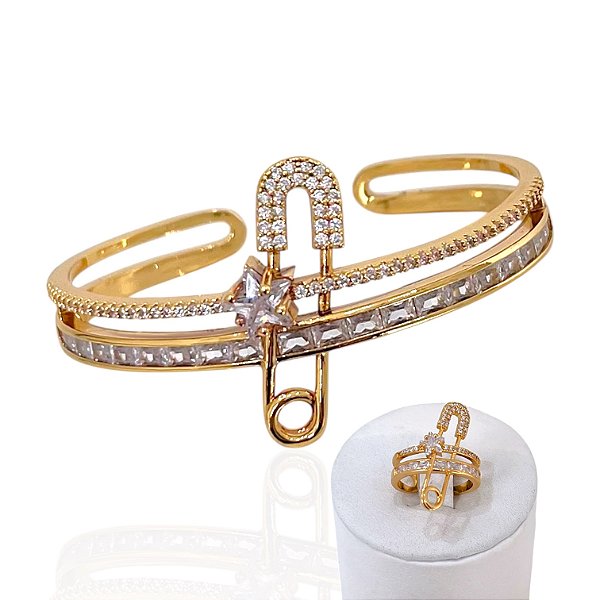 Conjunto Anel e Bracelete Folheado Ouro 18k e Prata 925 Alfinete Cravejado