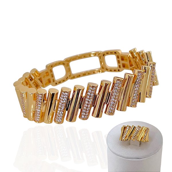 Conjunto Anel e Bracelete Folheado Ouro 18k e Prata 925 Tiras Cravejada