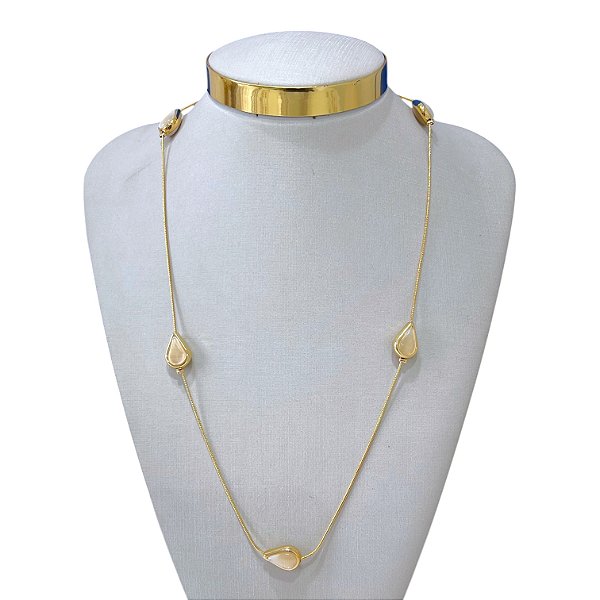 Colar Longo Folheado Ouro 18k e Prata 925 Malha Gota Pedraria