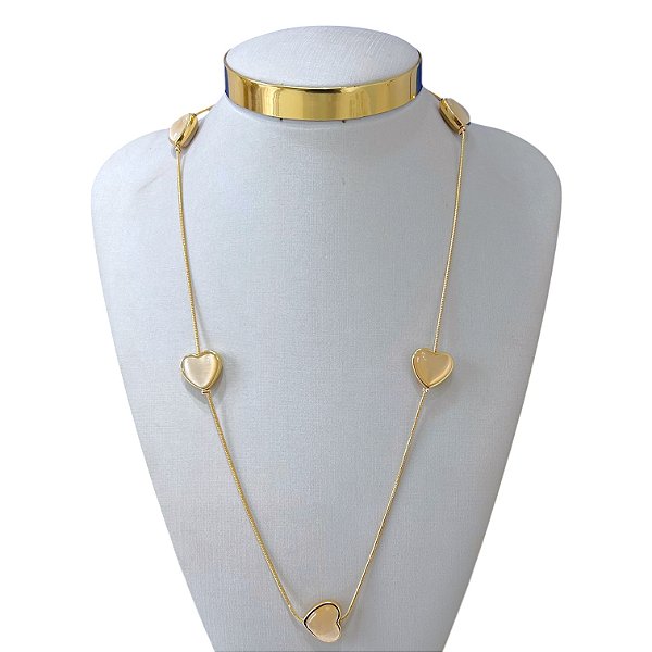 Colar Longo Folheado Ouro 18k e Prata 925 Malha Coração Pedraria