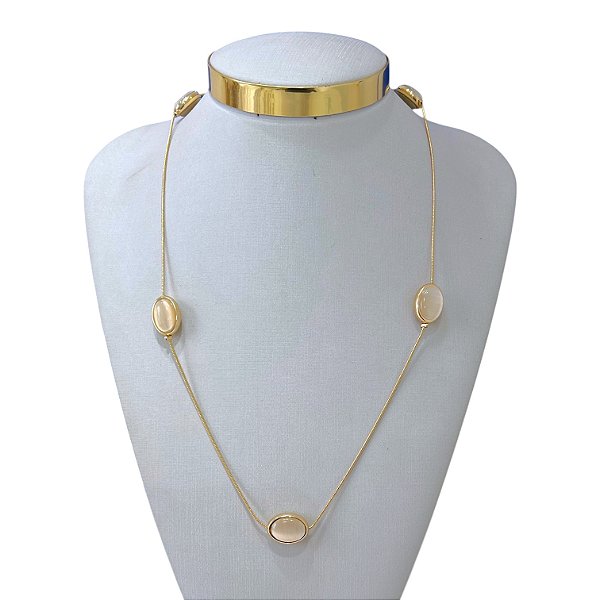 Colar Longo Folheado Ouro 18k e Prata 925 Malha Oval Pedraria