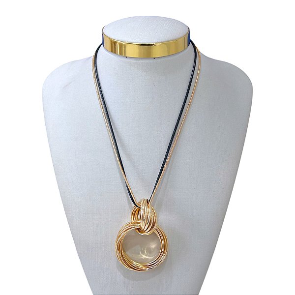 Colar Longo Folheado Ouro 18k e Prata 925 Malha Couro Elos