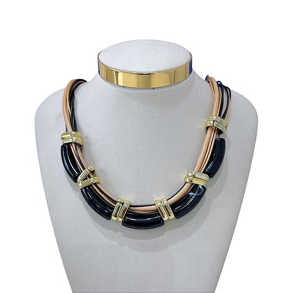 Colar Fios Couro Bijuteria Dourado Pedraria