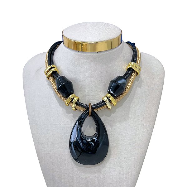 Colar Corda Bijuteria Dourado Gota Pedraria