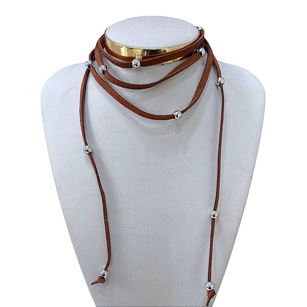 Choker Couro Bolinhas Bijuteria Dourado Country